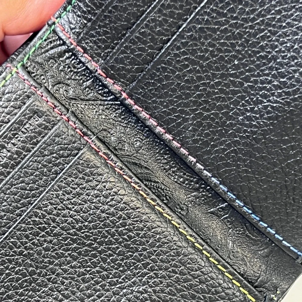 Robert Graham Mens Black Leather Trifold Wallet Multicolor Stitching Paisley